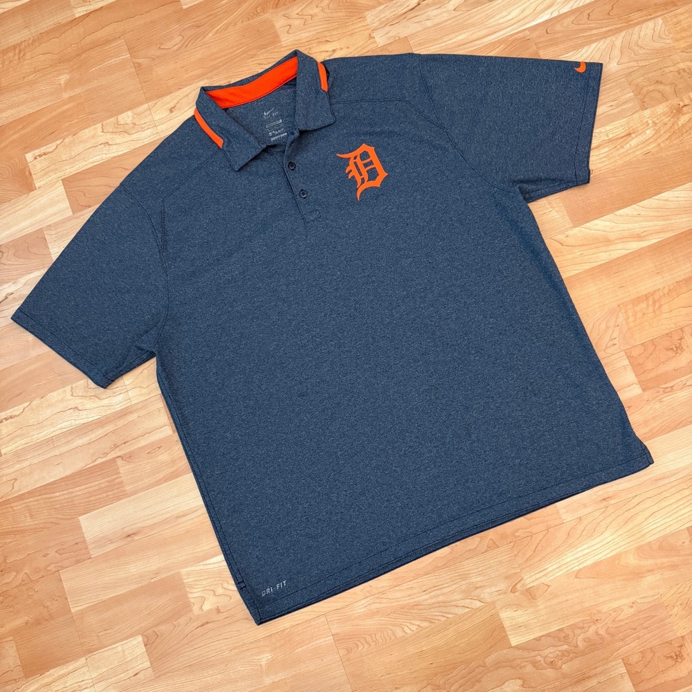 Nike Dri-FIT Detroit Tigers MLB Polo Shirt Mens XL Navy Blue Heathered Orange